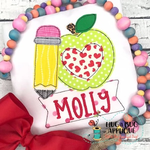 Pencil Apple Heart Banner Box Bean Stitch Applique Design 5x7 6x10 8x8 8x12