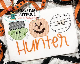 Frankenstein Jackolantern Mummy Trio Sketch Stitch Embroidery Design 5x7 6x10 8x8 8x12