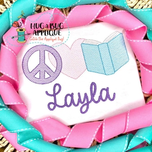 Peace Love Book Sketch Stitch Embroidery Design 5x7 6x10 8x8 8x12 9x9