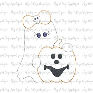 May include: A white ghost with a bow and a pumpkin face. The ghost is holding a pumpkin with a jack-o'-lantern face. Both the ghost and the pumpkin have black eyes and a black mouth.