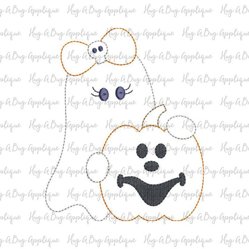 May include: A white ghost with a bow and a pumpkin face. The ghost is holding a pumpkin with a jack-o'-lantern face. Both the ghost and the pumpkin have black eyes and a black mouth.