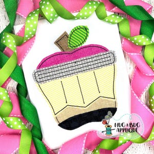 Apple Shaped Pencil Bean Stitch Applique Design 5x7 6x10 8x8 8x12 9x9