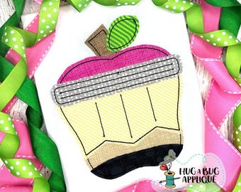 Apple Shaped Pencil Bean Stitch Applique Design 5x7 6x10 8x8 8x12 9x9