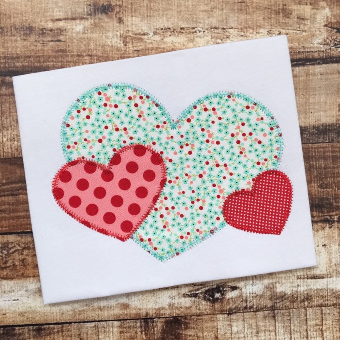 Triple Heart Valentine Zig Zag Stitch Applique Embroidery Design