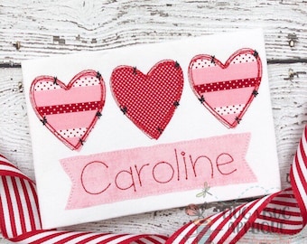 Valentine Scratch Heart Trio Scribble Stitch Applique Embroidery Design 5x7 6x10 8x8 8x12 9x9