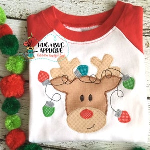 Reindeer Christmas Lights Zig Zag Stitch Applique Embroidery Design 5x7 6x10 8x8 8x12