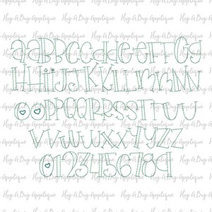 May include: A teal blue alphabet and number font with a stitched outline. The letters are stylized and some have hearts in them.
