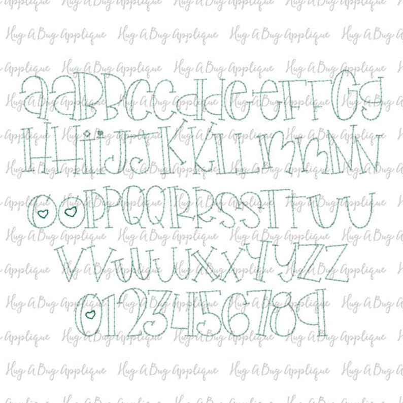 May include: A teal blue alphabet and number font with a stitched outline. The letters are stylized and some have hearts in them.
