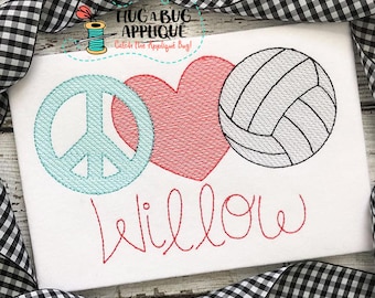 Peace Love Voleibol Esboço Ponto Bordado Design 5x7 6x10 8x8 8x12