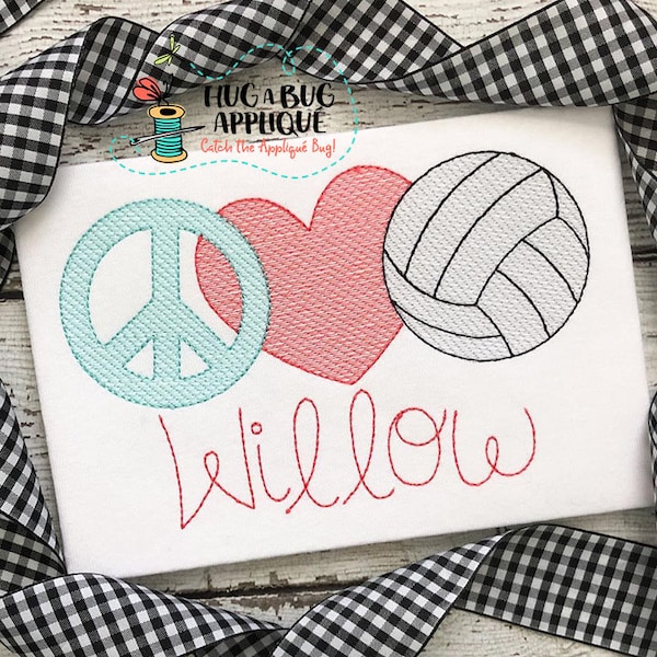 Peace Love Volleyball Sketch Stitch Embroidery Design 5x7 6x10 8x8 8x12