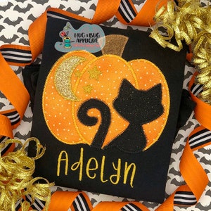Pumpkin Moon Cat Zig Zag Stitch Applique Design 5x7 6x10 8x8 9x9 8x12