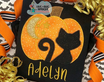 Pumpkin Moon Cat Zig Zag Stitch Applique Design 5x7 6x10 8x8 9x9 8x12