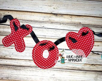 XO Heart Bunting Banner Set Bean Stitch In the Hoop Applique Design 4" 5" 6" 7"
