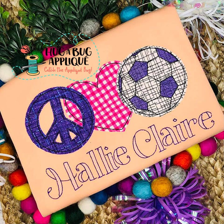 Peace Love Soccer Bean Stitch Applique Design 5x7 6x10 8x8 8x12