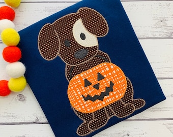 May include: A brown and white dog holding a small orange and white pumpkin with a jack-o'-lantern face. The dog is on a dark blue background.
