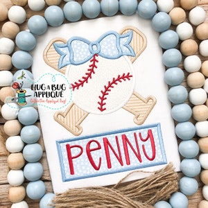 Bats Baseball Bow Satin Stitch Applique Design 5x7 6x10 8x8 9x9