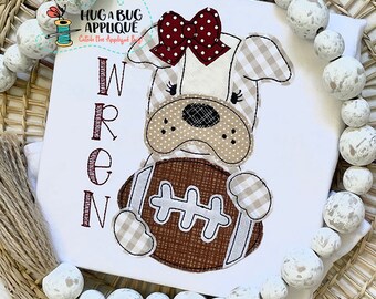Bulldog Bow Football Bean Stitch Applique Design 5x7 6x10 8x8 8x12 9x9