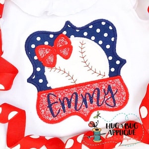 May include: A red, white and blue baseball-themed appliqué with a bow and the name "Emmy" in a navy blue font.