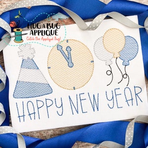 May include: Embroidered design featuring a party hat, clock, balloons, and the text "Happy New Year". The design is stitched in blue, white, and yellow thread on a white fabric.