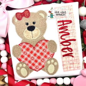 Bear Bow Sitting Heart Zig Zag Stitch Applique Design 5x7 6x10 8x8 8x12 9x9