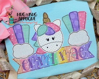 Rainbows Unicorn Bean Stitch Applique Design 5x7 6x10 8x8 8x12 9x9