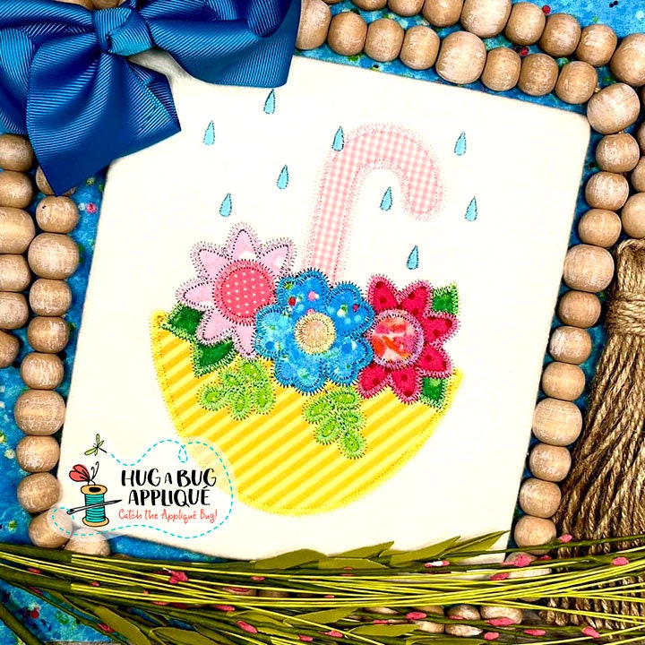 Umbrella Flowers Zig Zag Stitch Applique Design 5x7 6x10 8x8