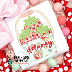 Bucket Strawberries Zig Zag Stitch Applique Design 5x7 6x10 8x8 8x12 9x9