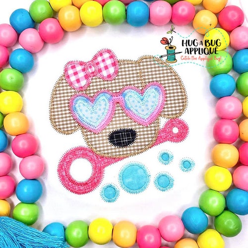 Pup Bow Bubbles Zig Zag Stitch Applique Design 5x7 6x10 8x8 8x12