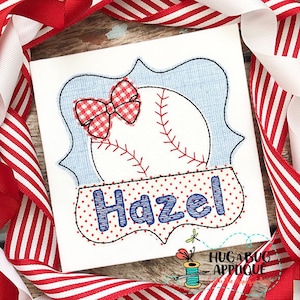 May include: Embroidered design featuring a baseball with a red and white gingham bow, framed with a blue scalloped border. The name "Hazel" is embroidered in blue letters on a red and white polka dot banner.