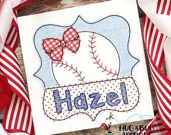 Baseball Bow Split Frame Bean Stitch Applique Design 5x7 6x6 7x7 8x8 9x9