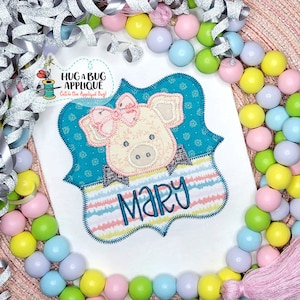 Pig Bow Split Frame Zig Zag Stitch Applique Design 4x4 5x7 6x6 7x7 8x8 9x9