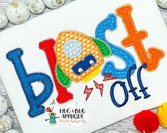 Blast Off Rocket Zig Zag Stitch Applique Design 5x7 6x10 8x8 8x12 9x9