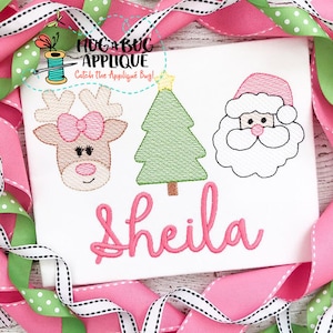 Rentiermädchen, Baum, Weihnachtsmann-Trio – Skizzenstich-Stickmuster 4x4, 5x7, 6x10, 8x8, 8x12, 9x9