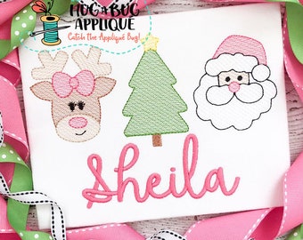 Reindeer Girl Tree Santa Trio Sketch Stitch Embroidery Design 4x4 5x7 6x10 8x8 8x12 9x9