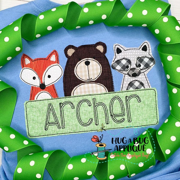 Fox Bear Raccoon Box Bean Stitch Applique Design 5x7 6x10 8x8 8x12