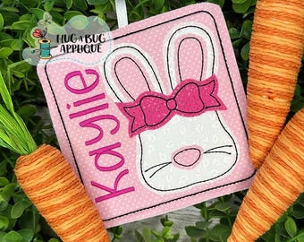 Bunny Face Bow Bean Stitch Tag In the Hoop Applique Design 4" 4.5" 5" 5.5" 6"