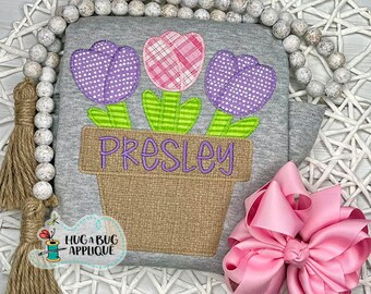 Tulips Pot Zig Zag Stitch Applique Design 5x7 6x10 8x8 8x12 9x9