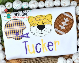 Motif appliqué de point de haricot représentant un casque de tigre et un ballon de football américain, disponible en 5x7, 6x10, 8x8, 8x12 et 9x9 pouces.