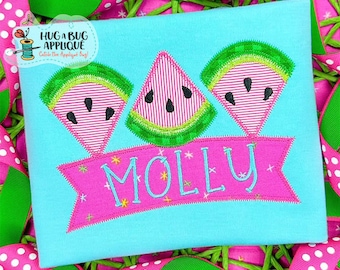 Bannière « Trio de pastèques » avec motif d'appliqué en point zigzag, disponible en 5x7, 6x10 et 8x8, 8x12 et 9x9 pouces.