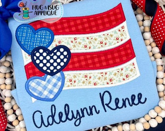 Wavy Flag Hearts Satin Stitch Applique Design 5x7 6x10 8x8 8x12 9x9