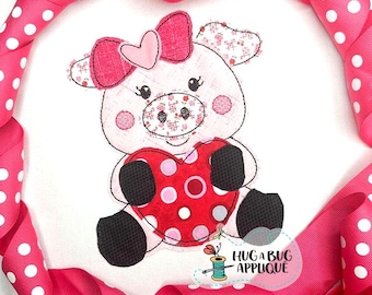 Pig Bow Holding Heart Bean Stitch Applique Design 5x7 6x10 8x8 8x12 9x9