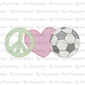 May include: An embroidered design featuring a green peace sign, a pink heart, and a soccer ball with black and white panels. The design is likely for an applique or patch, suitable for fabric projects.