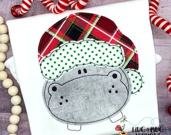 Hippo Santa Bean Stitch Applique Design 5x7 6x10 8x8 8x12