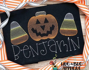 Diseño de bordado Jackolantern Candy Trio Sketch Stitch 5x7 6x10 8x8 8x12