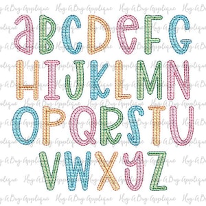 Pode incluir: Um alfabeto colorido com cada letra delineada em uma cor diferente. As letras estão em um estilo costurado, dando a aparência de bordado.