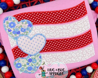 Wavy Flag Hearts Zig Zag Stitch Applique Design 5x7 6x10 8x8 8x12 9x9