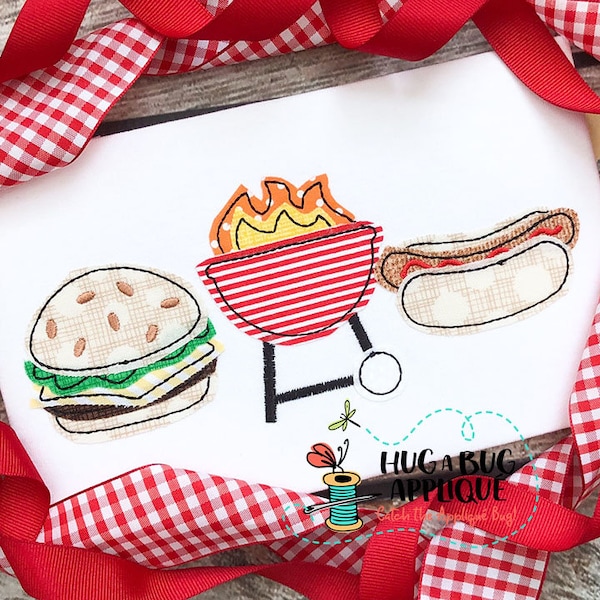 Burger Grill Dog Trio Bean Stitch Applique Design 5x7 6x10 8x8 8x12