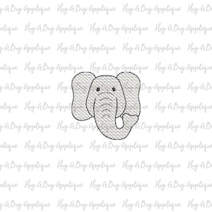 May include: A gray embroidered elephant head with a trunk turned to the side. The elephant has small eyes and a simple smile.
