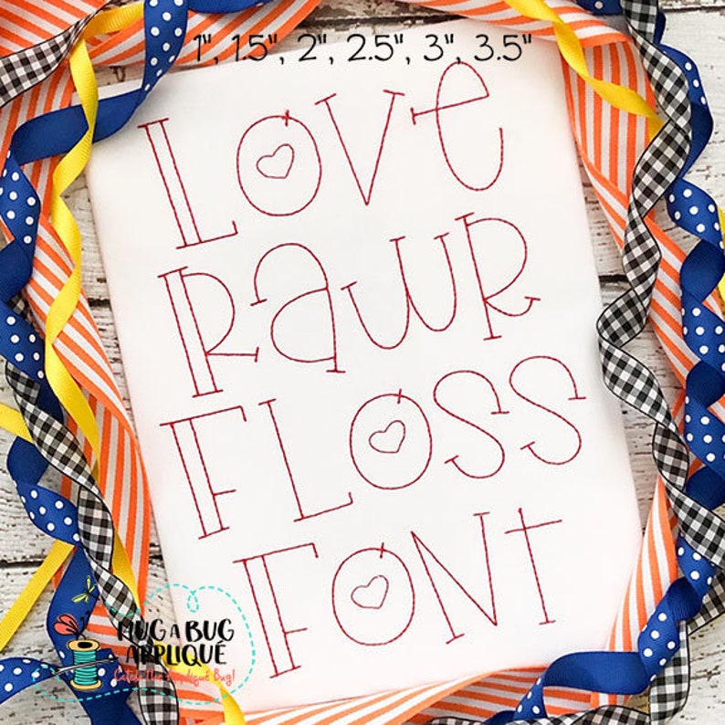 May include: Red embroidery design for a machine embroidery font. The font is called "Love Rawr Floss Font" and includes the letters L, O, V, E, R, A, W, F, S, and T. The design is shown in sizes from 1 to 3.5 inches.