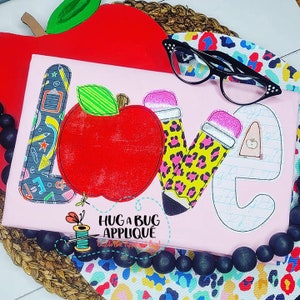 Love Apple Pencils Bean Stitch Applique Design 5x7 6x10 8x8 8x12 9x9